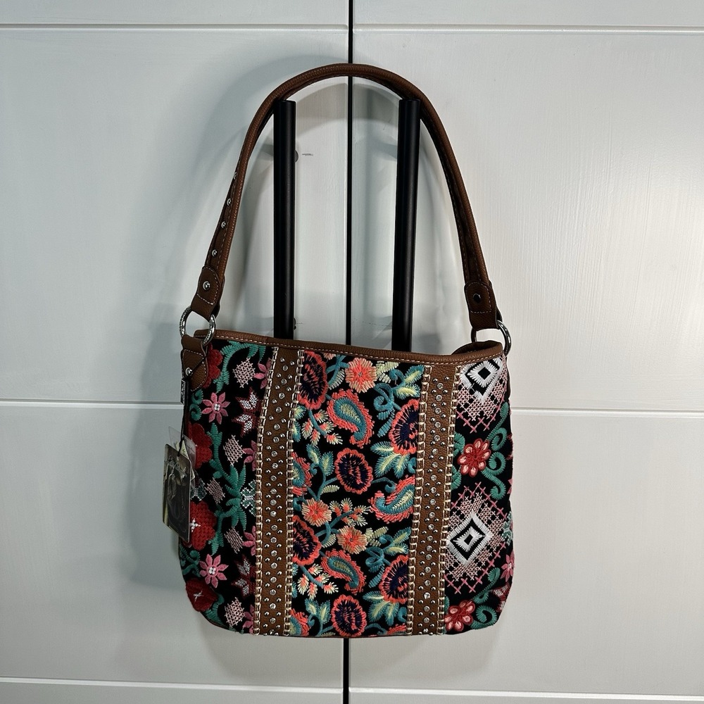 Montana West-Women's Embroidered Floral‎ Embroidered Studded Bag Brown NWT